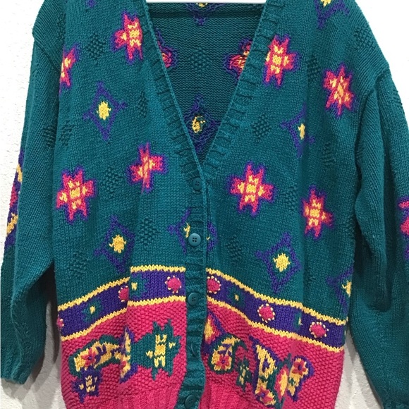 Vtg Izod Hand-Knitted Chunky Cardigan Sweater Women’s L Aztec Pattern Knitwear - Picture 3 of 5